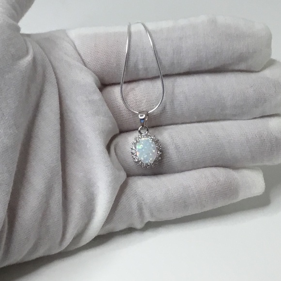 Sterling Silver Lab Created Opal and Cz Necklace - Picture 4 of 16